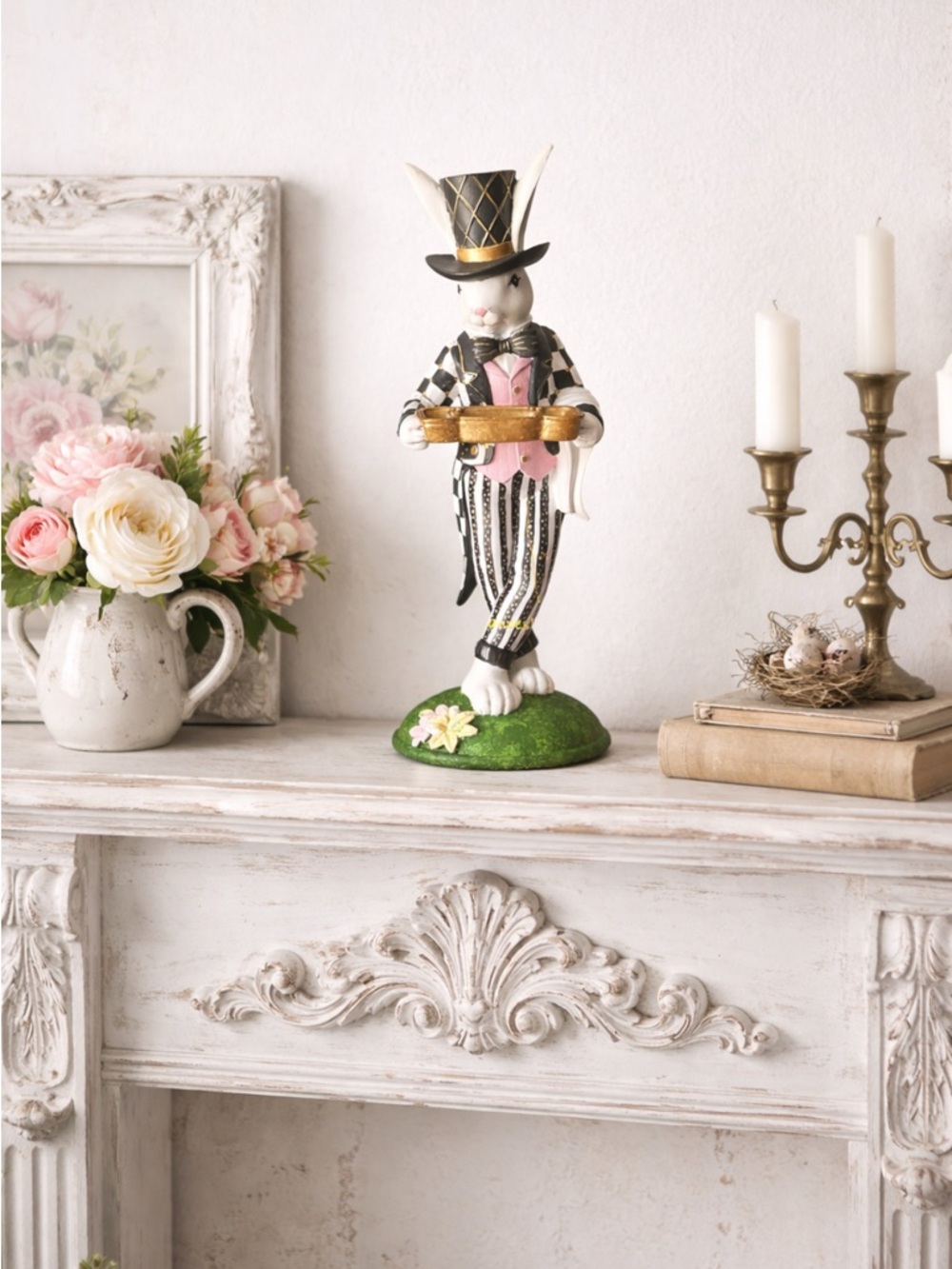 Whimsical Handpainted Bunny with top hat and serving tray-NWOT